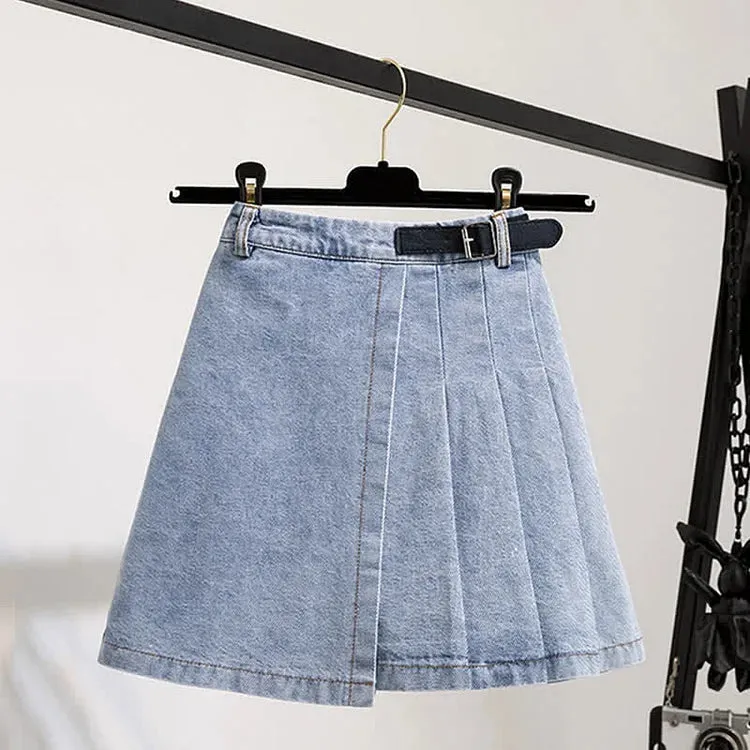 Colorblock Striped Round Neck Knitted T-Shirt Pleated Denim Skirt