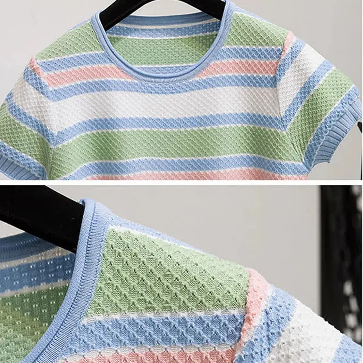 Colorblock Striped Round Neck Knitted T-Shirt Pleated Denim Skirt