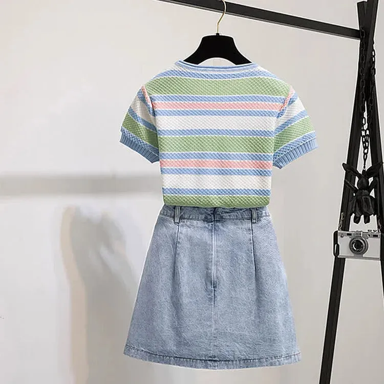 Colorblock Striped Round Neck Knitted T-Shirt Pleated Denim Skirt