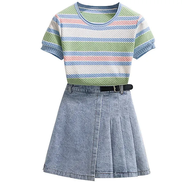 Colorblock Striped Round Neck Knitted T-Shirt Pleated Denim Skirt