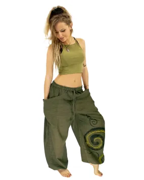 Cotton Low Rise Spiral Harem Pants Green