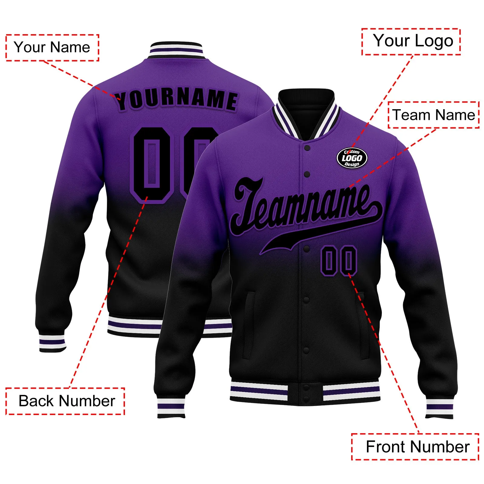 Custom Purple Black Fade Fashion Jacket Bomber Full-Snap Varsity Letterman Personalized Jacket FZ005-D020229-6