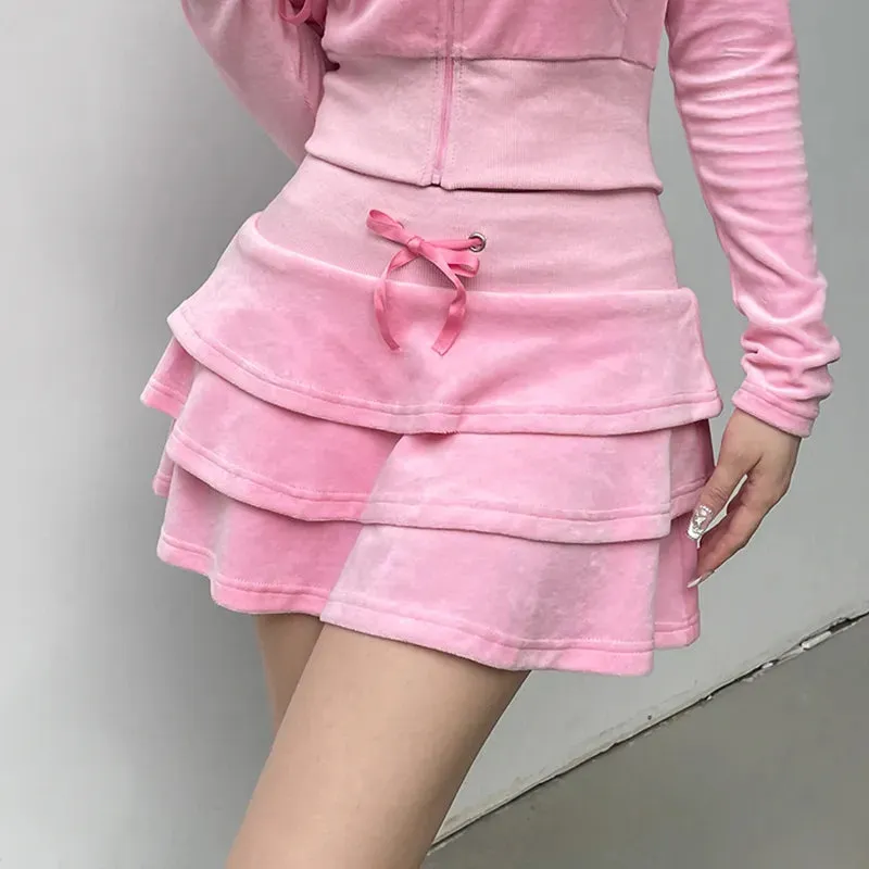 Cutecore Sweet Pink Velour Autumn Skirt Women Korean Shirring High Waist A-Line Skirts Mini Three-Layer Birthday