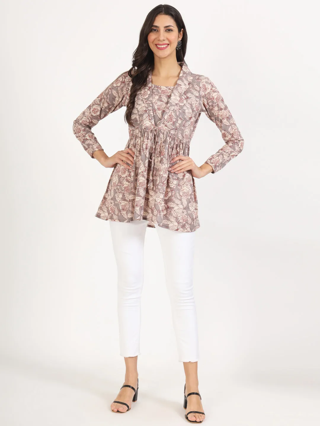 Divena Grey Floral Printed Cotton Top