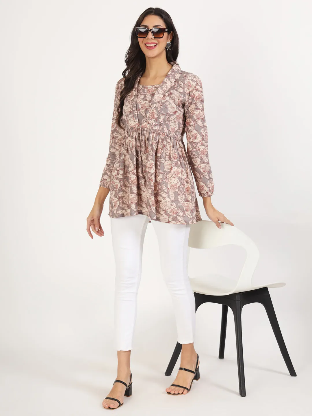 Divena Grey Floral Printed Cotton Top