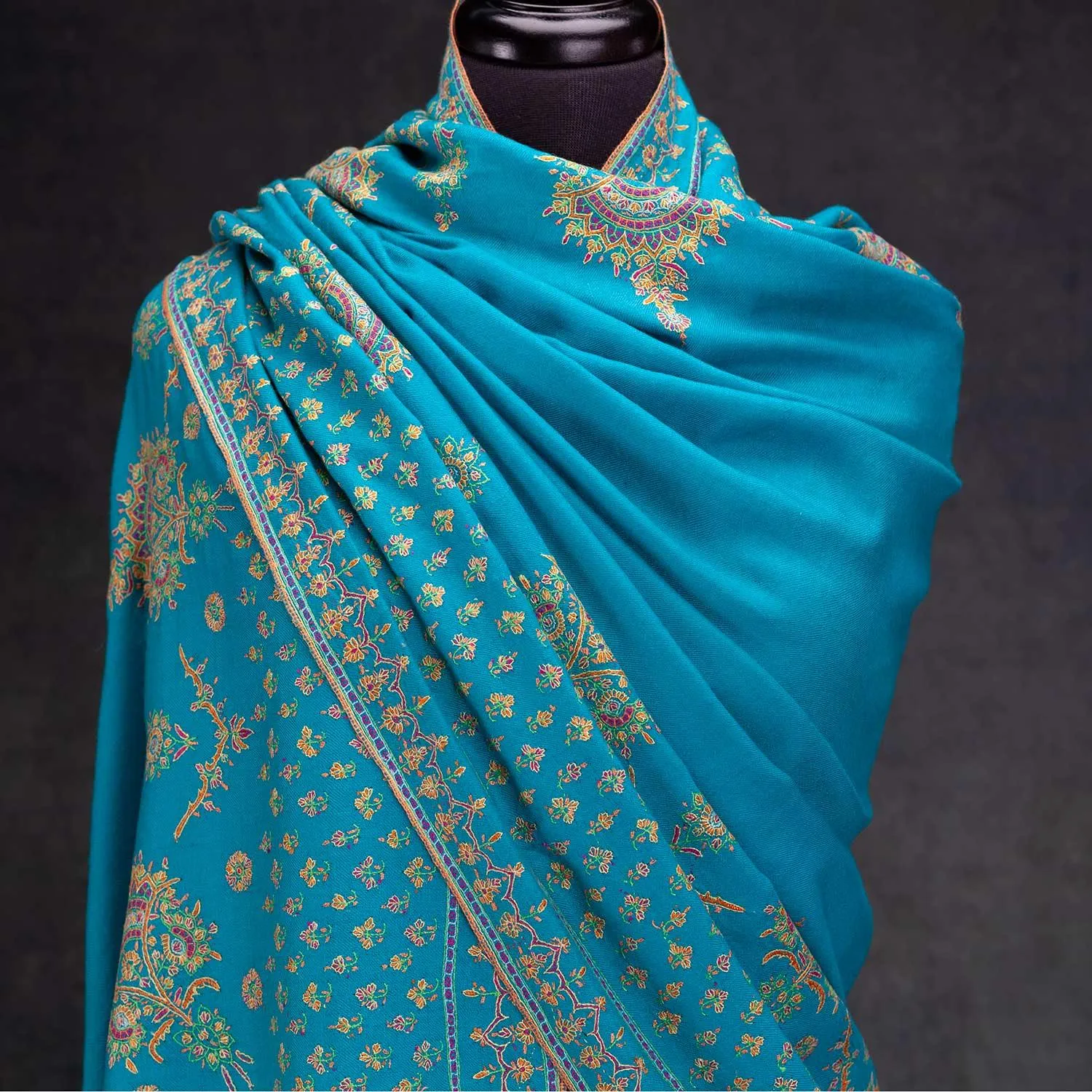 Doardar Sozni Hand Embroidered Cashmere Pashmina Turquoise