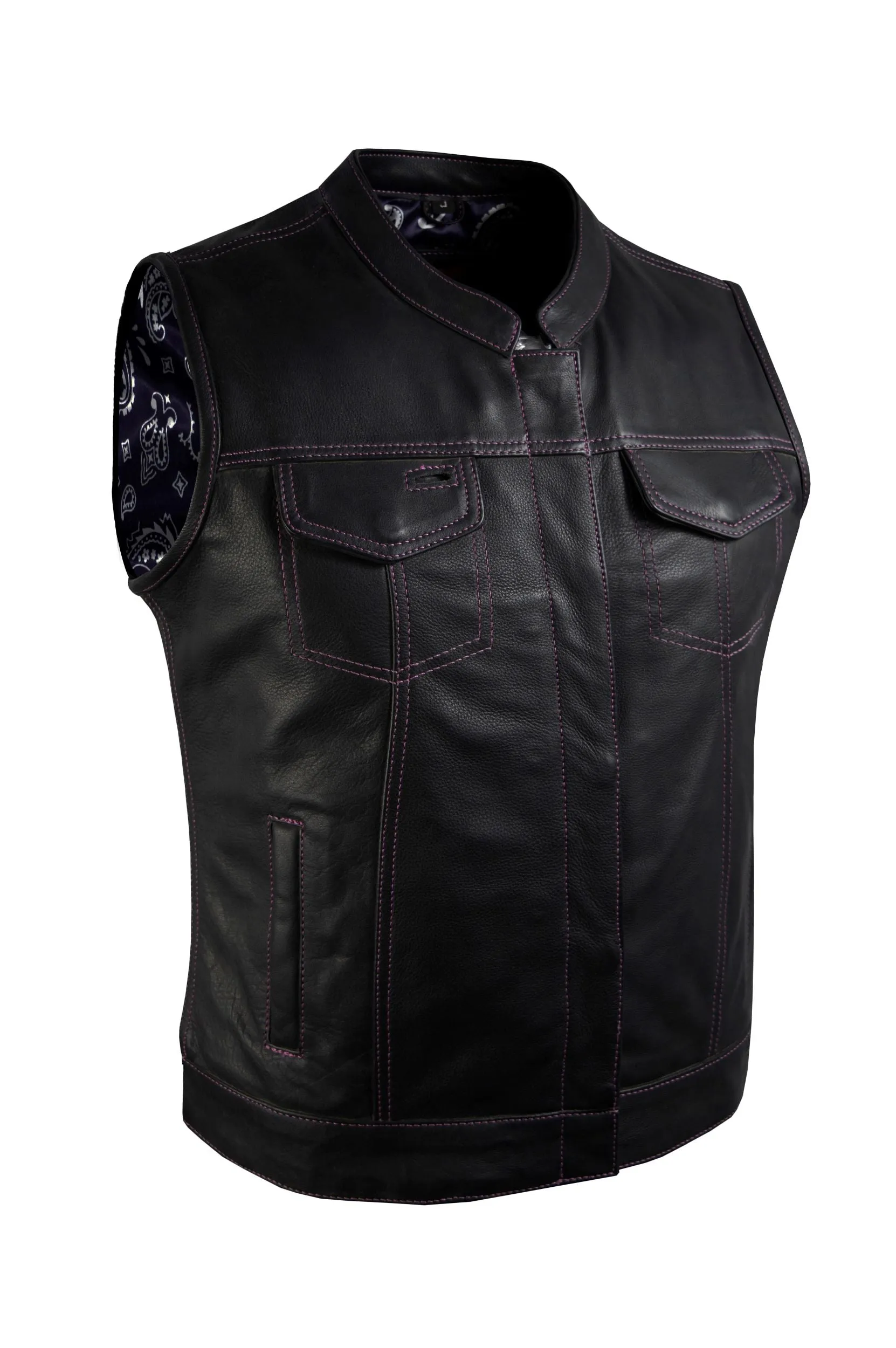 Dream Apparel Ladies Motorcycle Leather CLUB VEST Purple Thread, Purple Paisley Lining