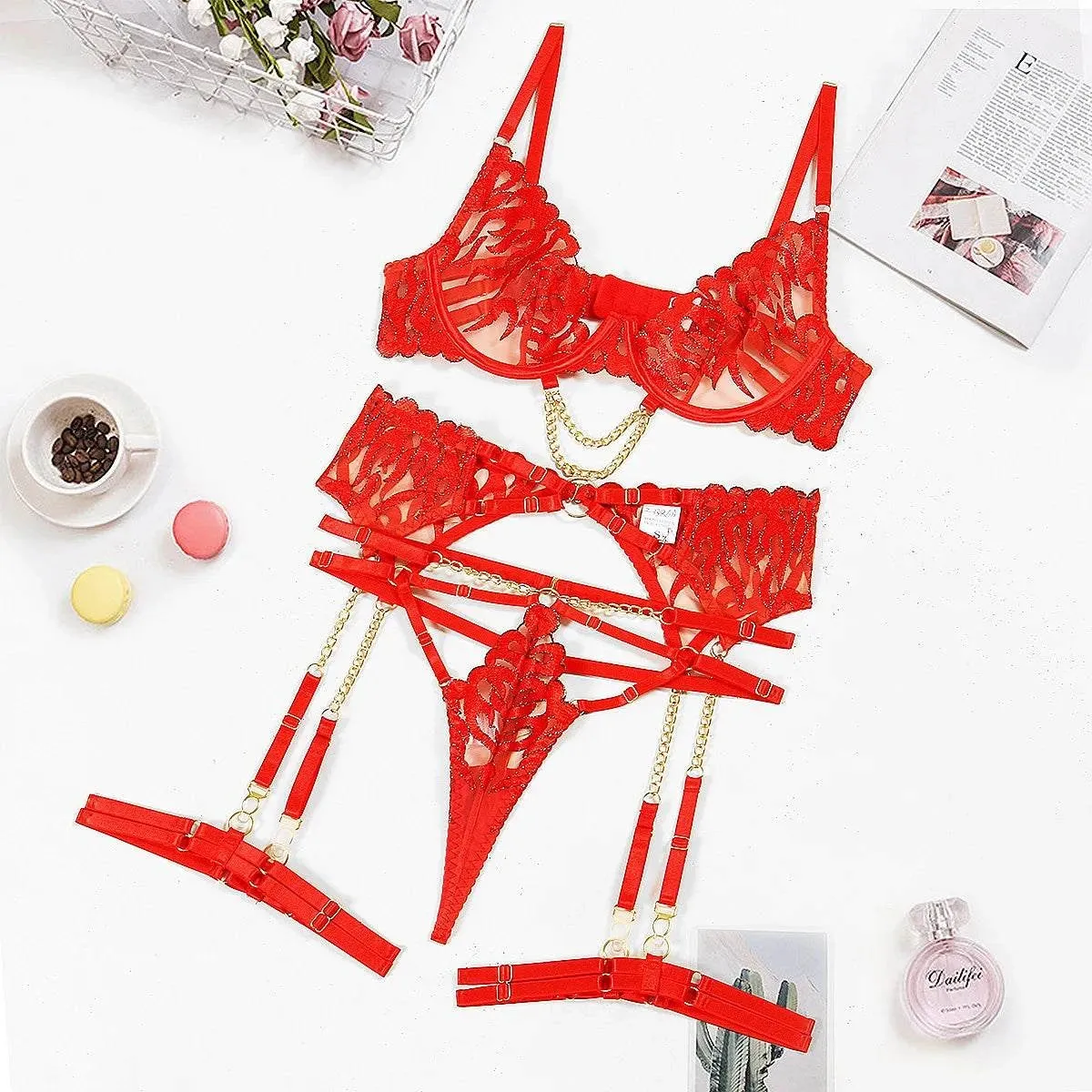 Echonight Red Hot Sexy Push-Up Lace Lingerie Set – Luxury Transparent Intimates wear