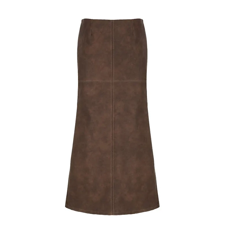 Fashion Brown Elegant Low Rise Leather Skirt Women Streetwear Clubwear Party Long Skirt Slit Autumn Vintage Clothing