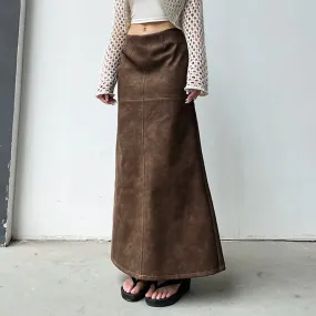 Fashion Brown Elegant Low Rise Leather Skirt Women Streetwear Clubwear Party Long Skirt Slit Autumn Vintage Clothing