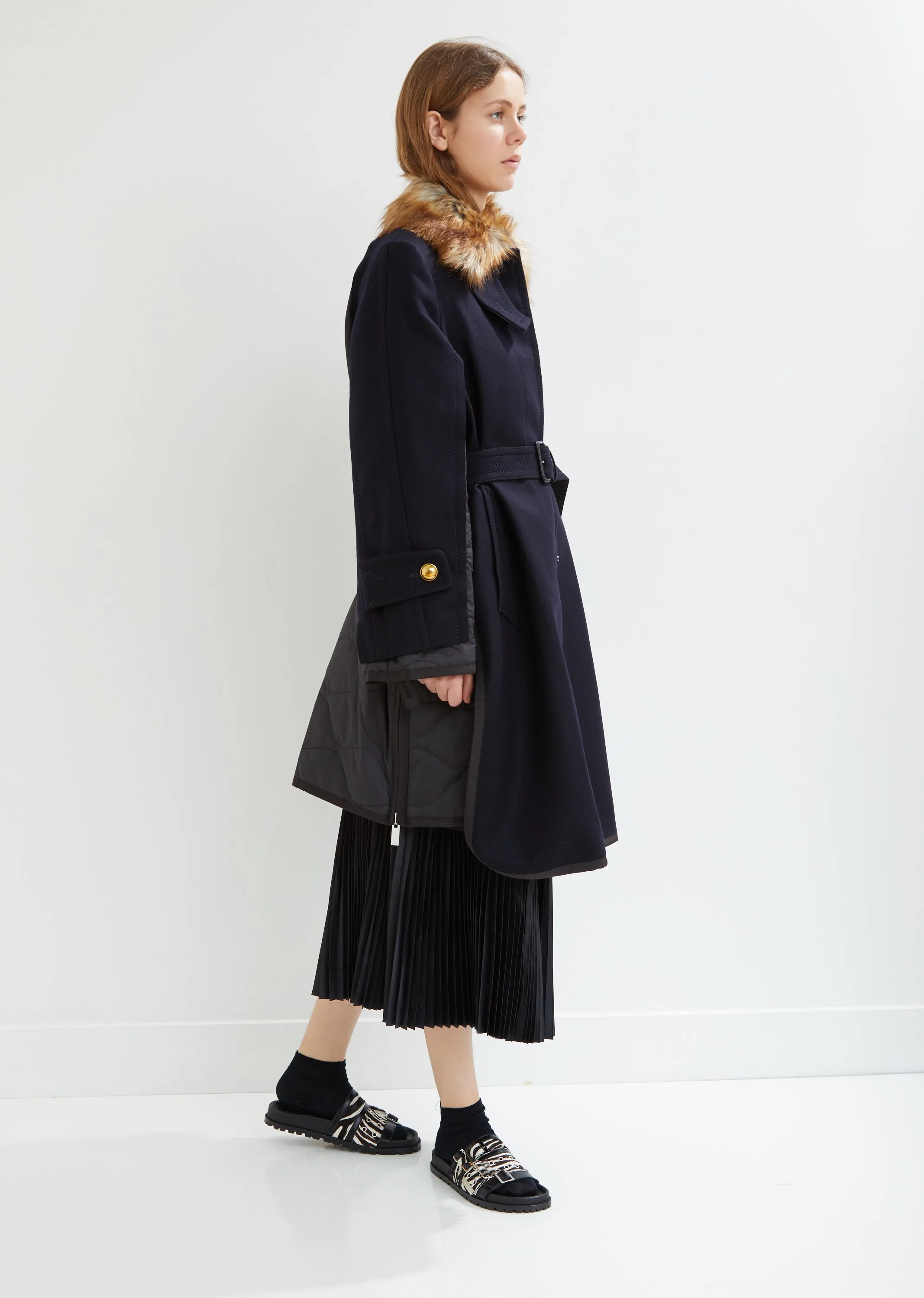 Faux Fur Trimmed Melton Wool Combo Coat