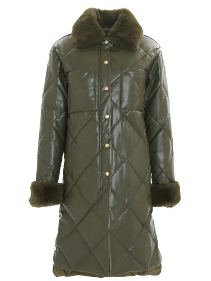 Freed Kym Midi Length Quilted Vegan Leather Jacket In Olive