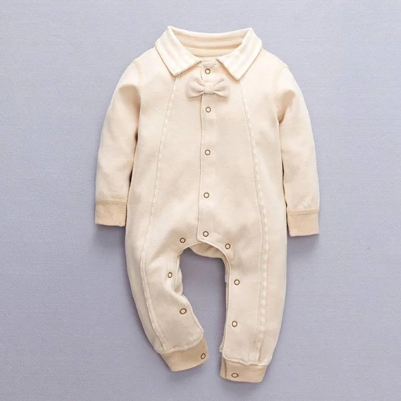 Fullsleeve Unisex Organic Cotton Baby Rompers with Buttons and Bowtie