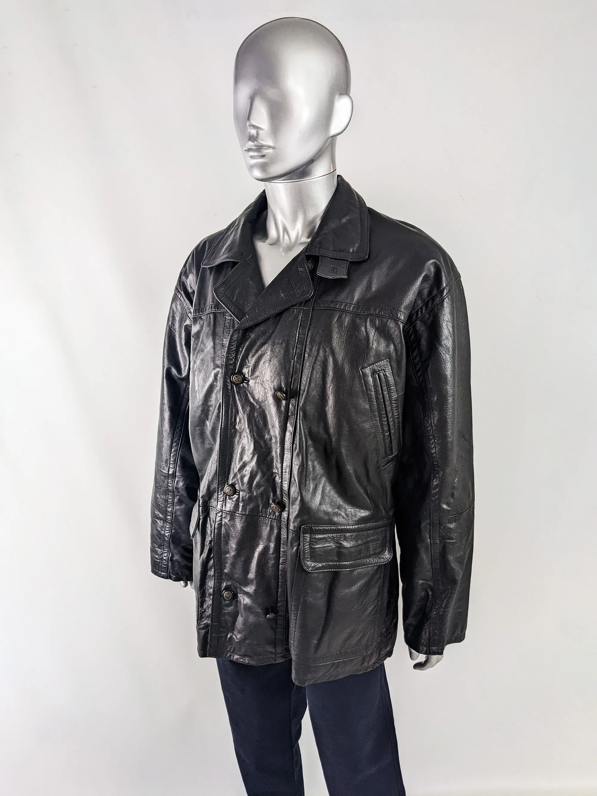 Gavin Brown Mens Vintage Black Leather Double Breasted Coat, 1980s