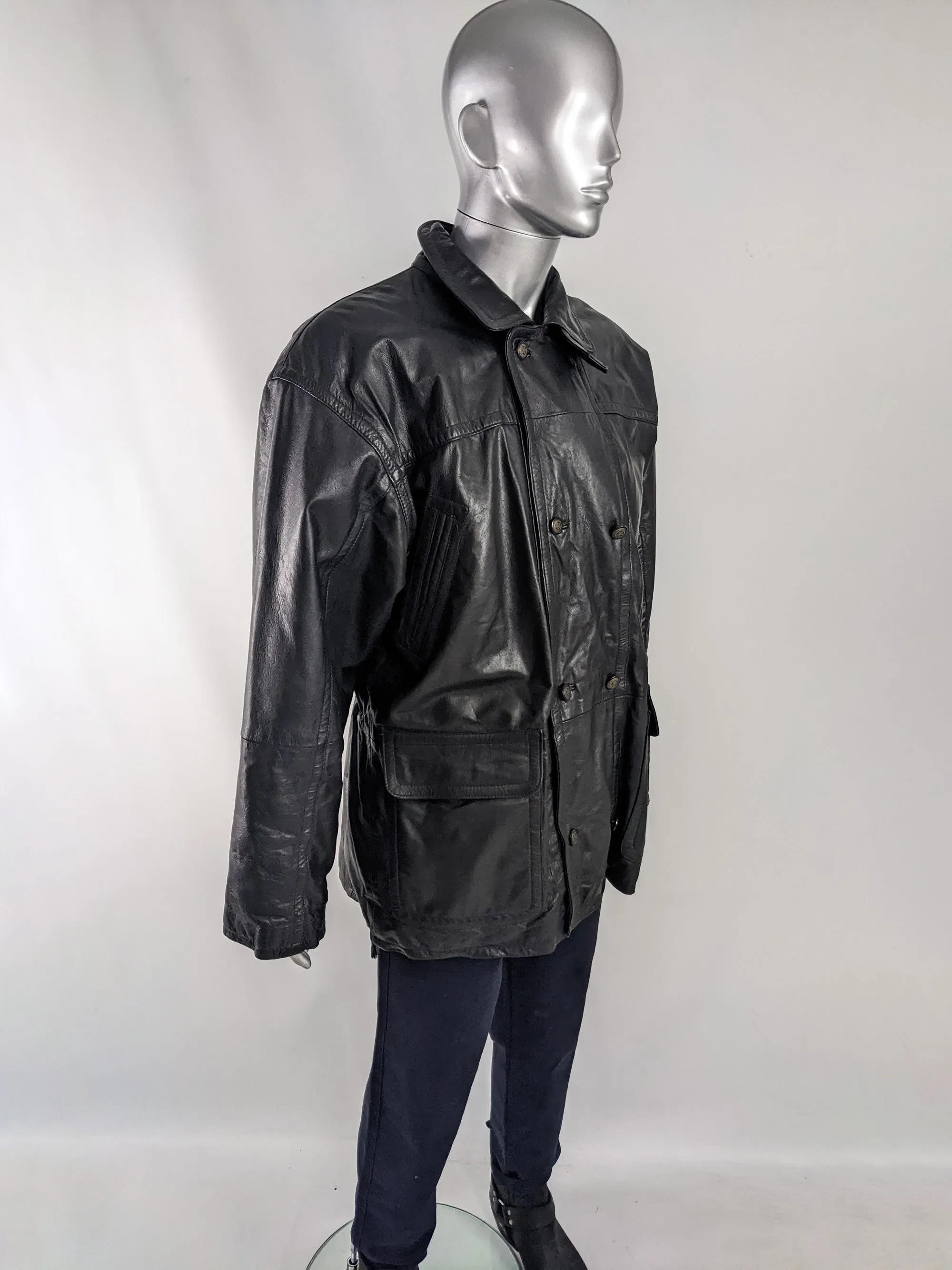 Gavin Brown Mens Vintage Black Leather Double Breasted Coat, 1980s