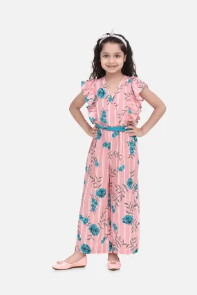 Girl's  Cotton Turquoise Floral Ruffle Sleeve Jumpsuit - StyleStone Kid