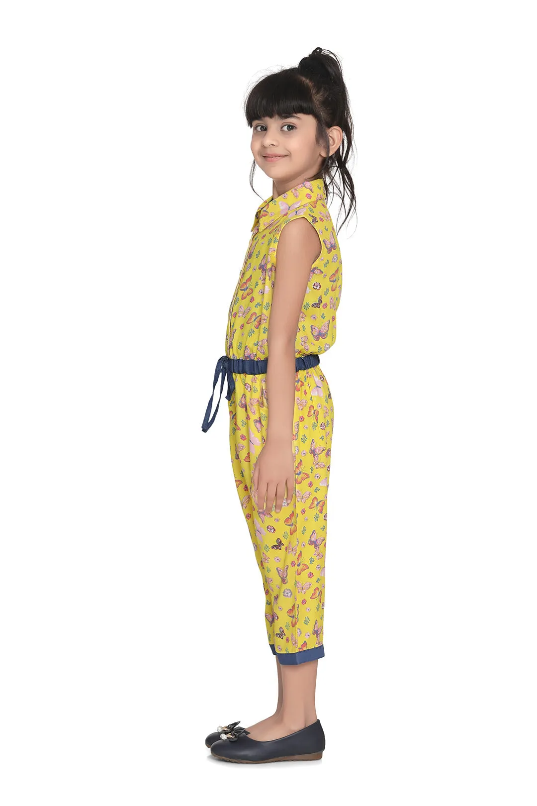 Girl's Cotton Yellow Butterfly Capri Style Jumpsuit - StyleStone Kid