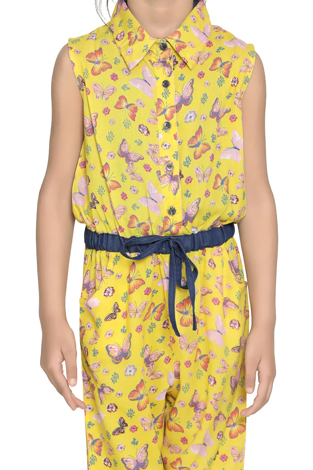 Girl's Cotton Yellow Butterfly Capri Style Jumpsuit - StyleStone Kid