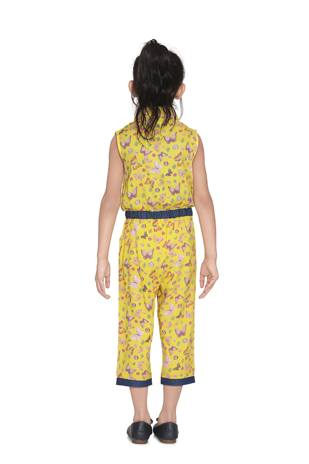 Girl's Cotton Yellow Butterfly Capri Style Jumpsuit - StyleStone Kid