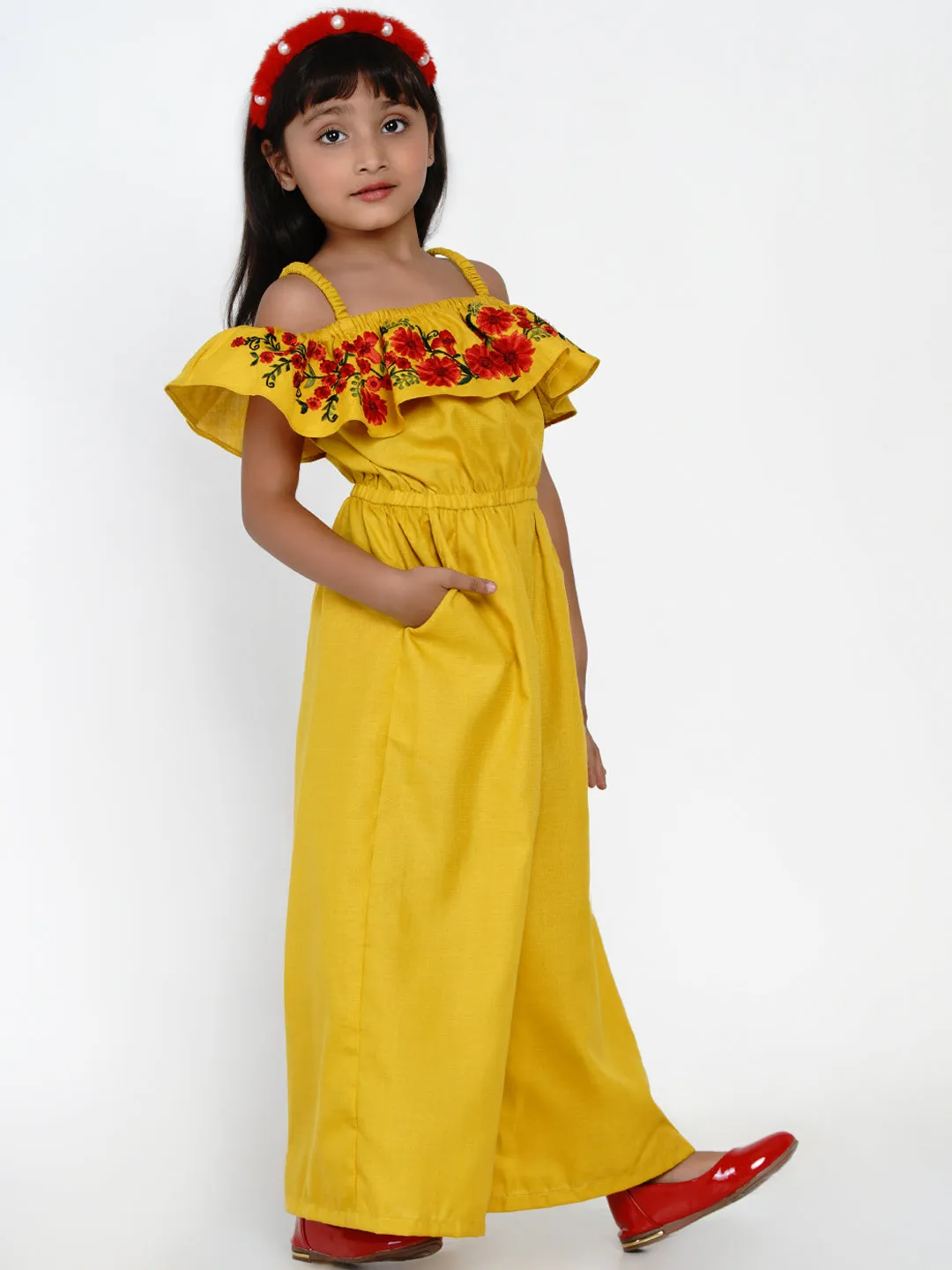 Girl's Mustard Embroidered Jumpsuit - Bitiya By Bhama