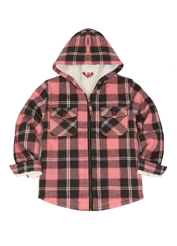 Girls Sherpa Lined Full Zip Plaid Flannel Shirt, Hooded Flannel Jacket