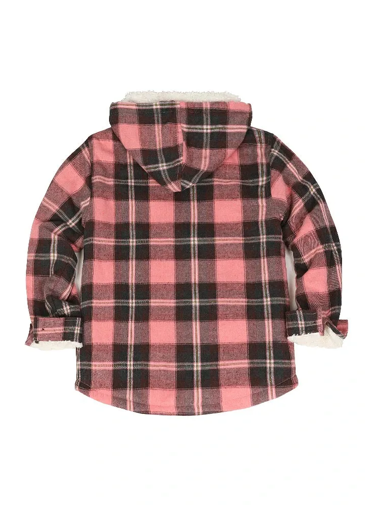 Girls Sherpa Lined Full Zip Plaid Flannel Shirt, Hooded Flannel Jacket