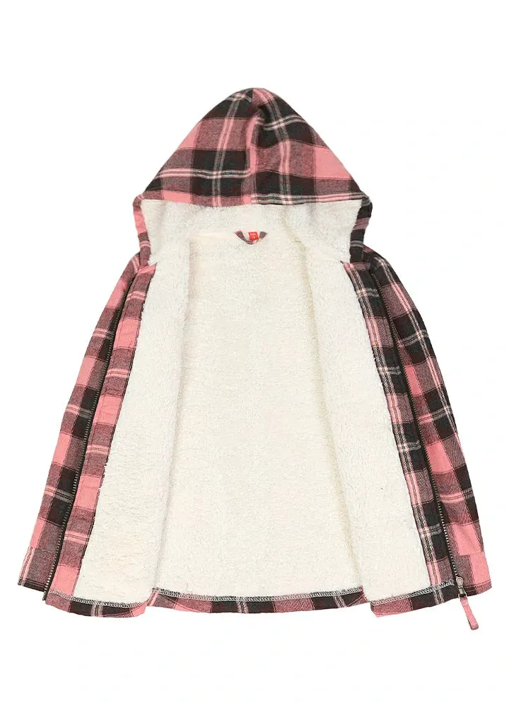 Girls Sherpa Lined Full Zip Plaid Flannel Shirt, Hooded Flannel Jacket