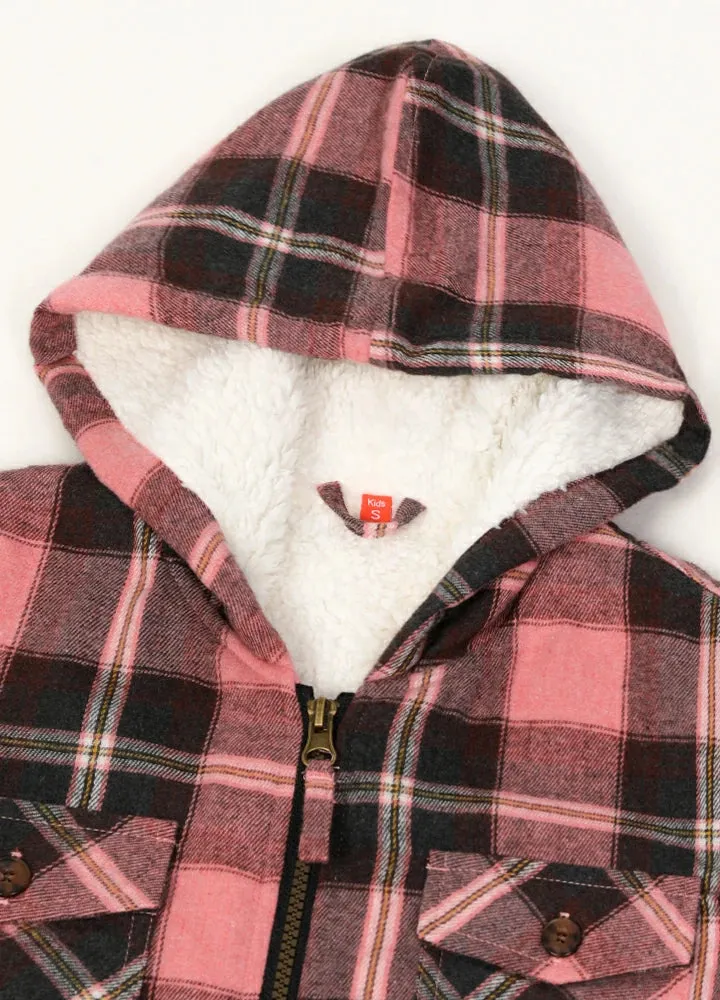 Girls Sherpa Lined Full Zip Plaid Flannel Shirt, Hooded Flannel Jacket