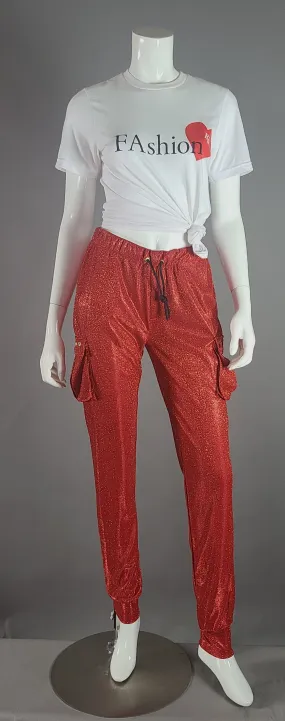 Glitter Drawstring Cargo Pants Red