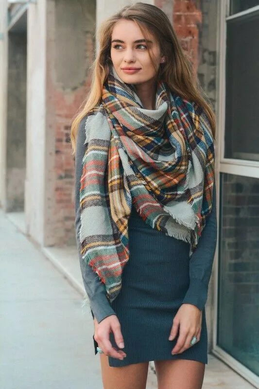 Gray & Mustard Classic Plaid Blanket Scarf with Fringe Womens