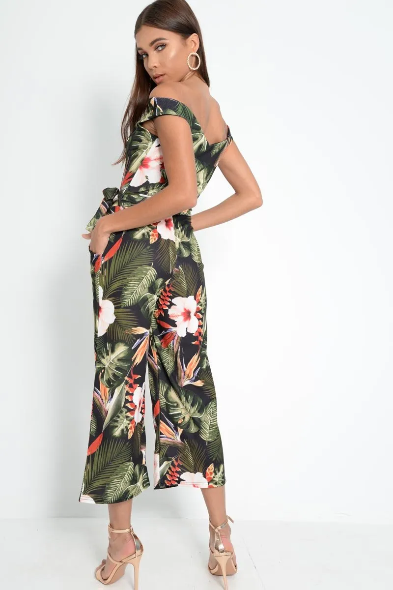 Green Floral Belted Culotte Jumpsuit - Nayali