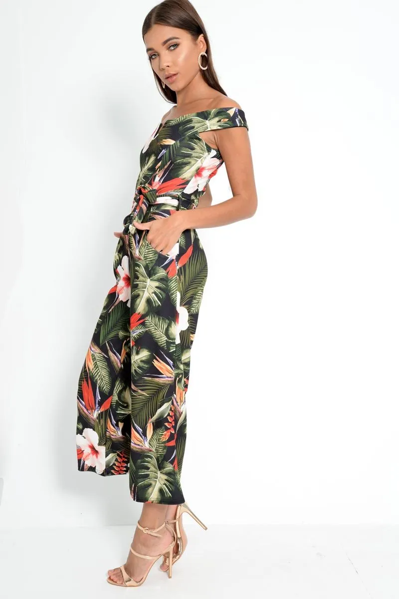 Green Floral Belted Culotte Jumpsuit - Nayali