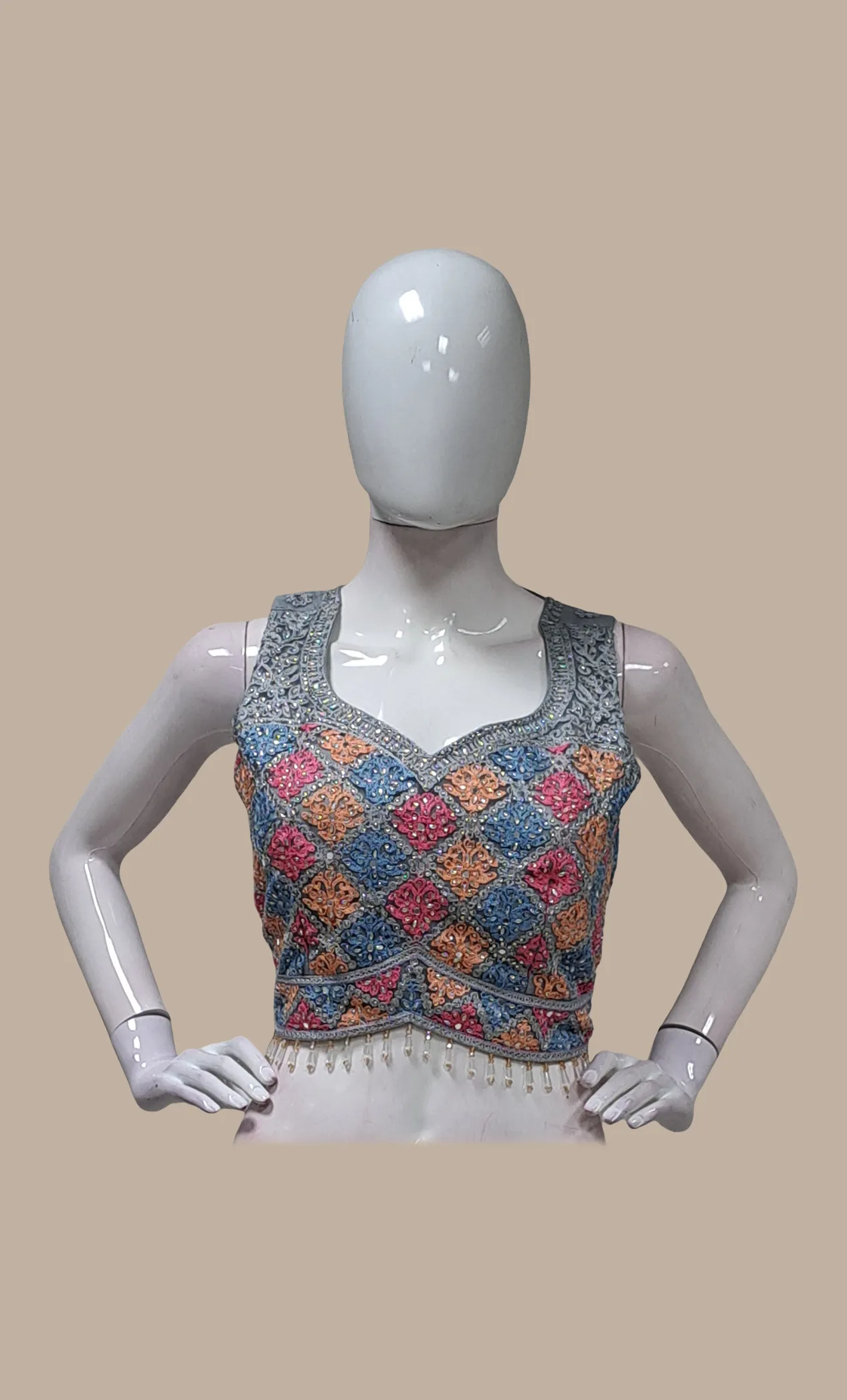 Grey Cotton Embroidered Choli Set