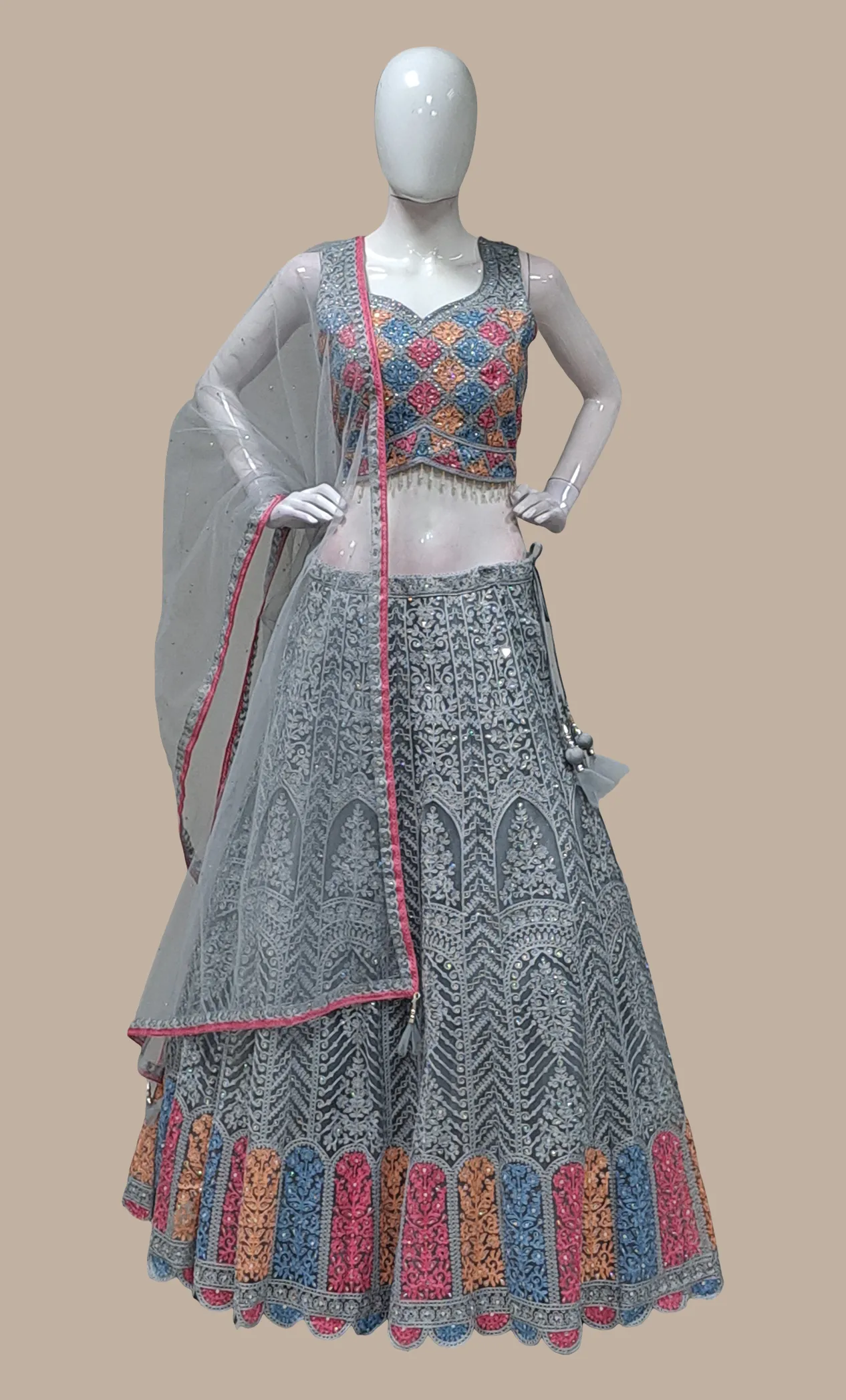 Grey Cotton Embroidered Choli Set