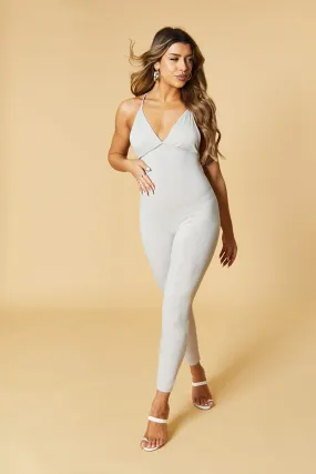 Grey Ribbed Plunge Neck Jumpsuit - Yuma