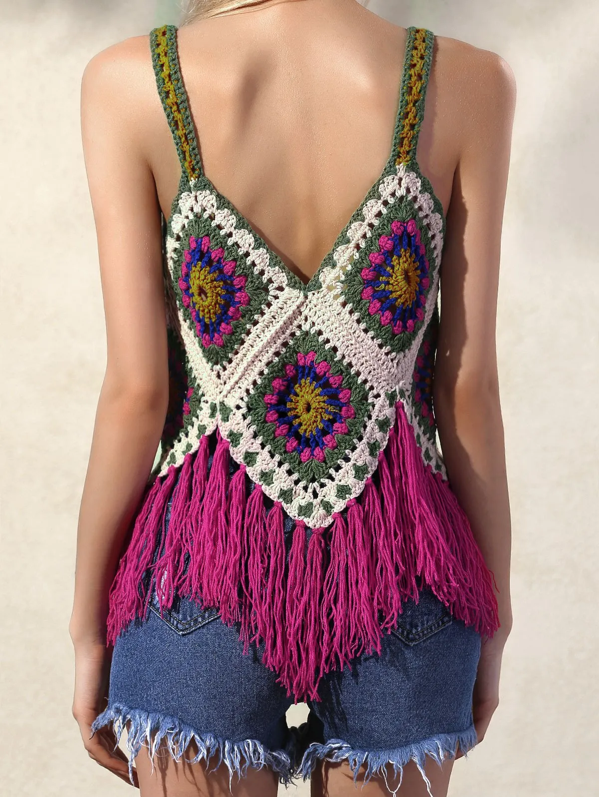 Hand-knitted Knitted Vest Hit Color Hook Flower Tassel Vest Female