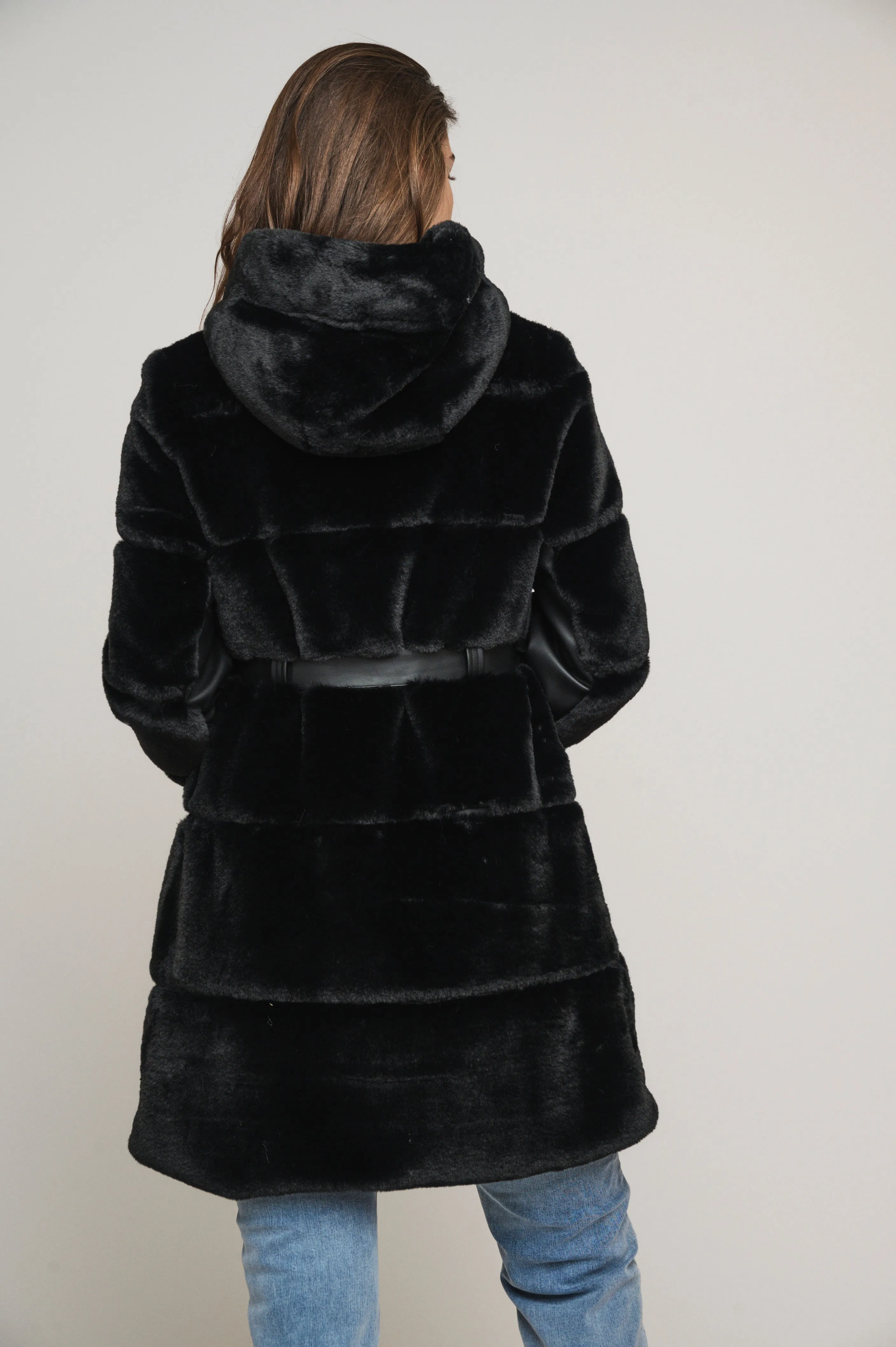 Harvard faux fur coat with hood and faux leather details