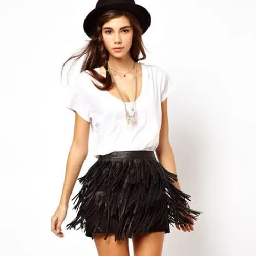 High Waist A-Line PU Leather Fringe Skirt