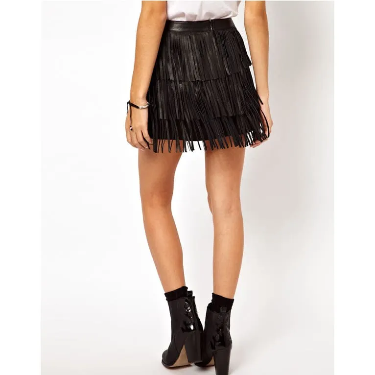 High Waist A-Line PU Leather Fringe Skirt