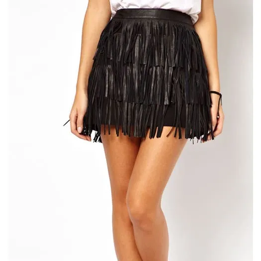 High Waist A-Line PU Leather Fringe Skirt