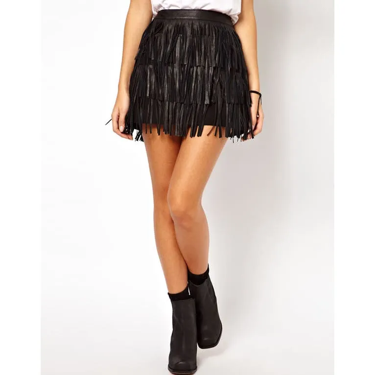 High Waist A-Line PU Leather Fringe Skirt