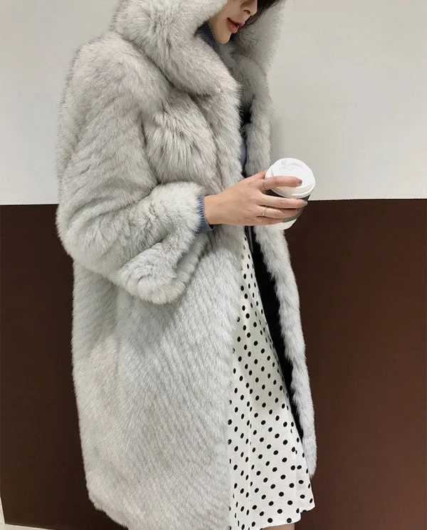 Hooded Fox Fur Long Coat