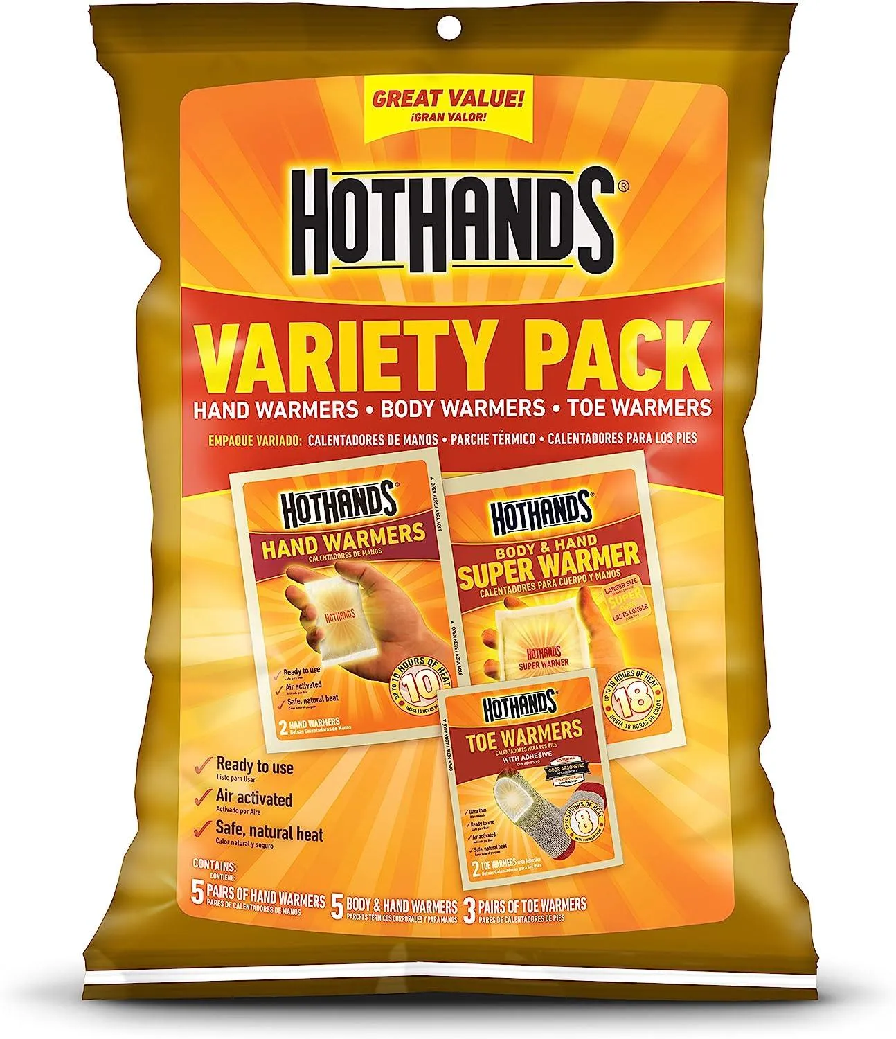 HotHands Toe, Hand, & Body Warmer Variety Pack - Long Lasting Safe Natural Odorless Air Activated Warmers