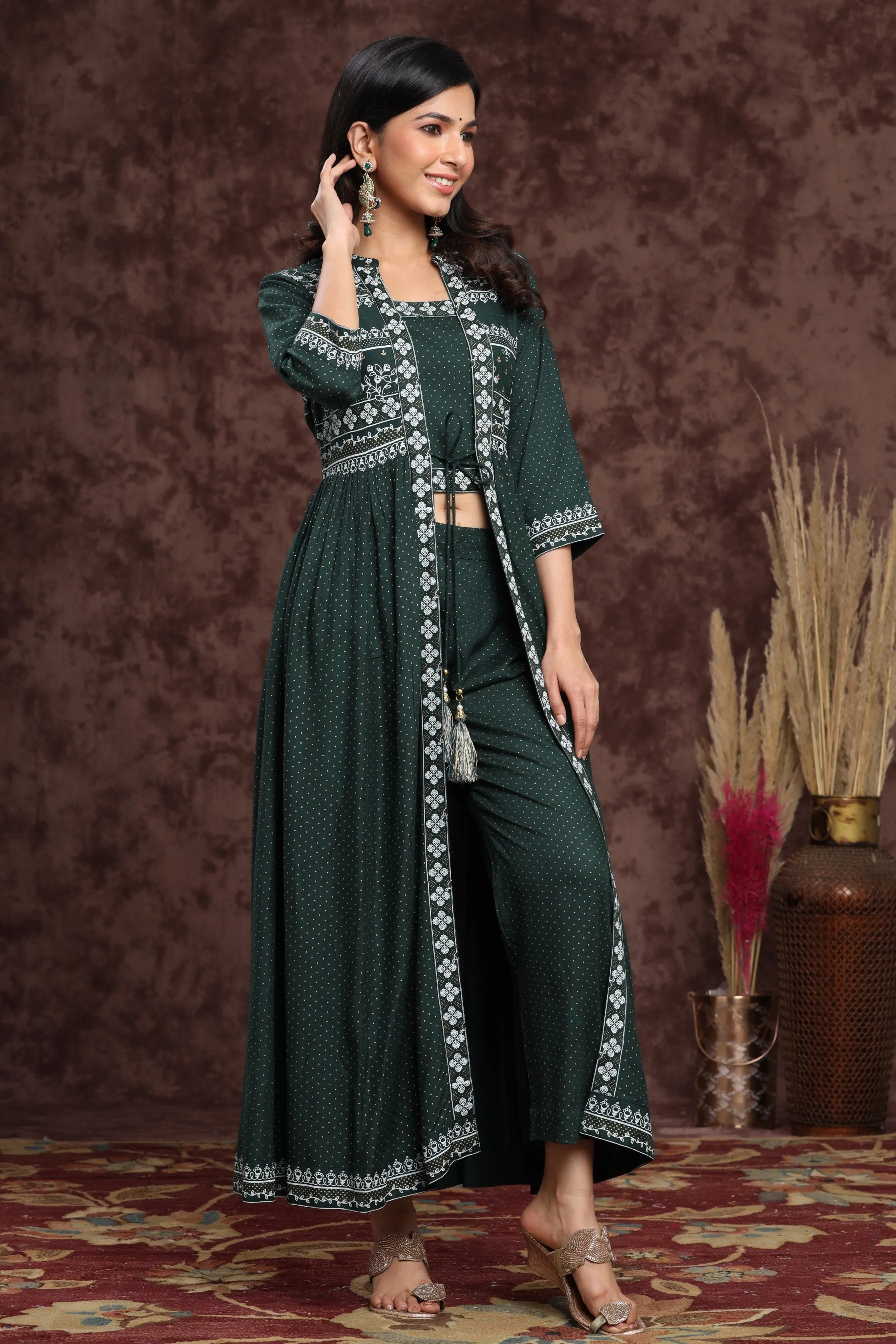 Jade Green Rayon Printed Jacket Style Kurta & Pants Set