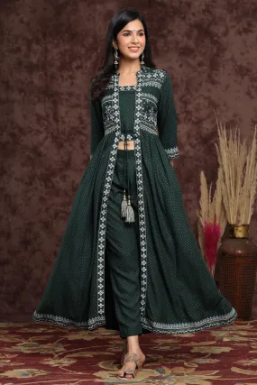 Jade Green Rayon Printed Jacket Style Kurta & Pants Set