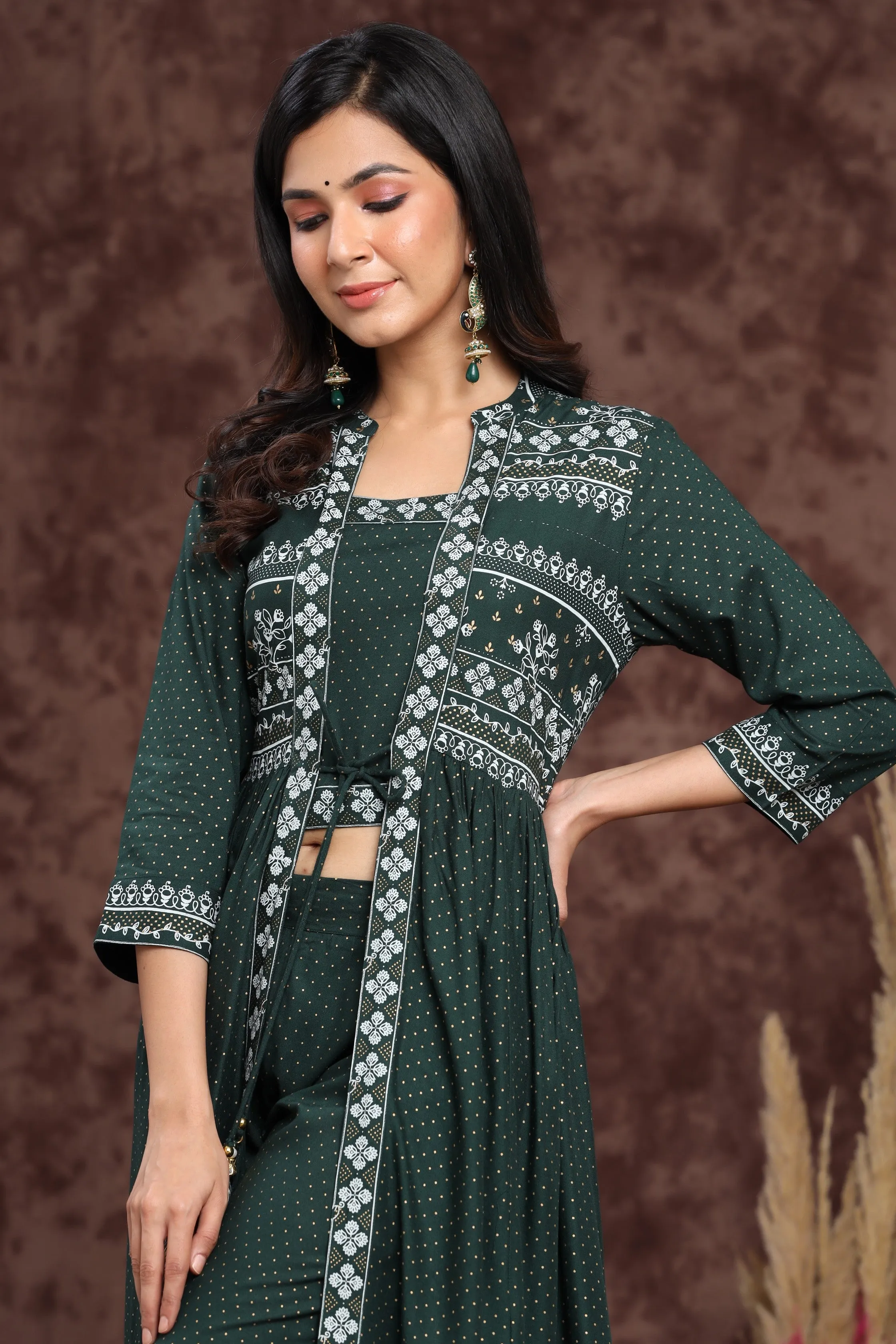 Jade Green Rayon Printed Jacket Style Kurta & Pants Set