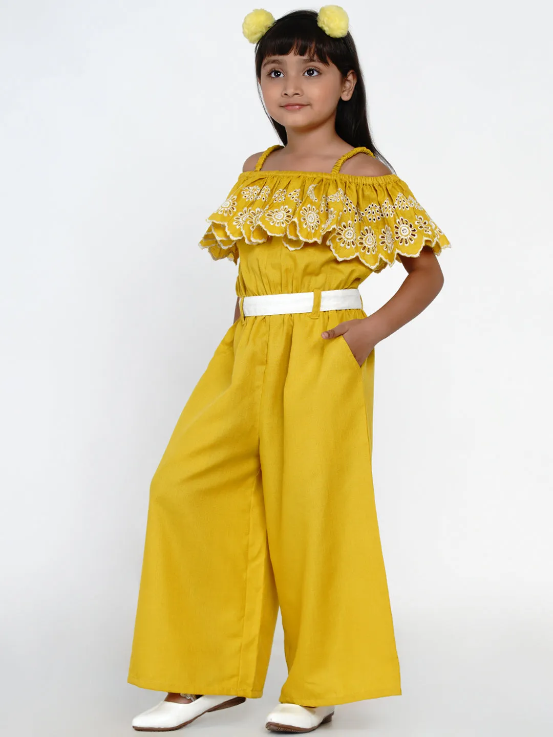 Jashvi Girls Off Shoulder Cotton Ruffles Jumpsuit