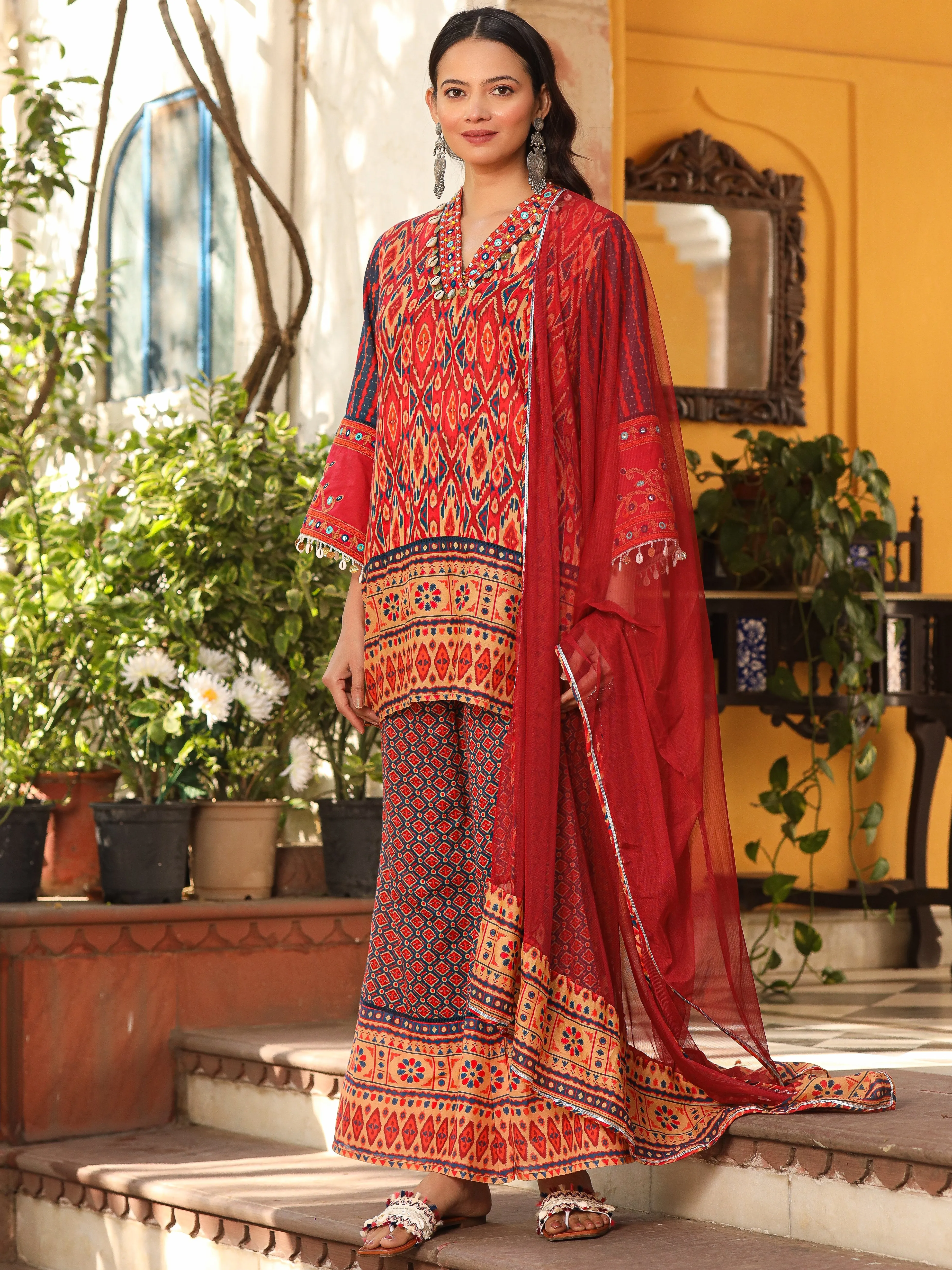 Jashvi Rust Ikat Printed Cotton Voile Kurta Bell Bottom & Dupatta Set  With Coins Kaudis & Mirror Work