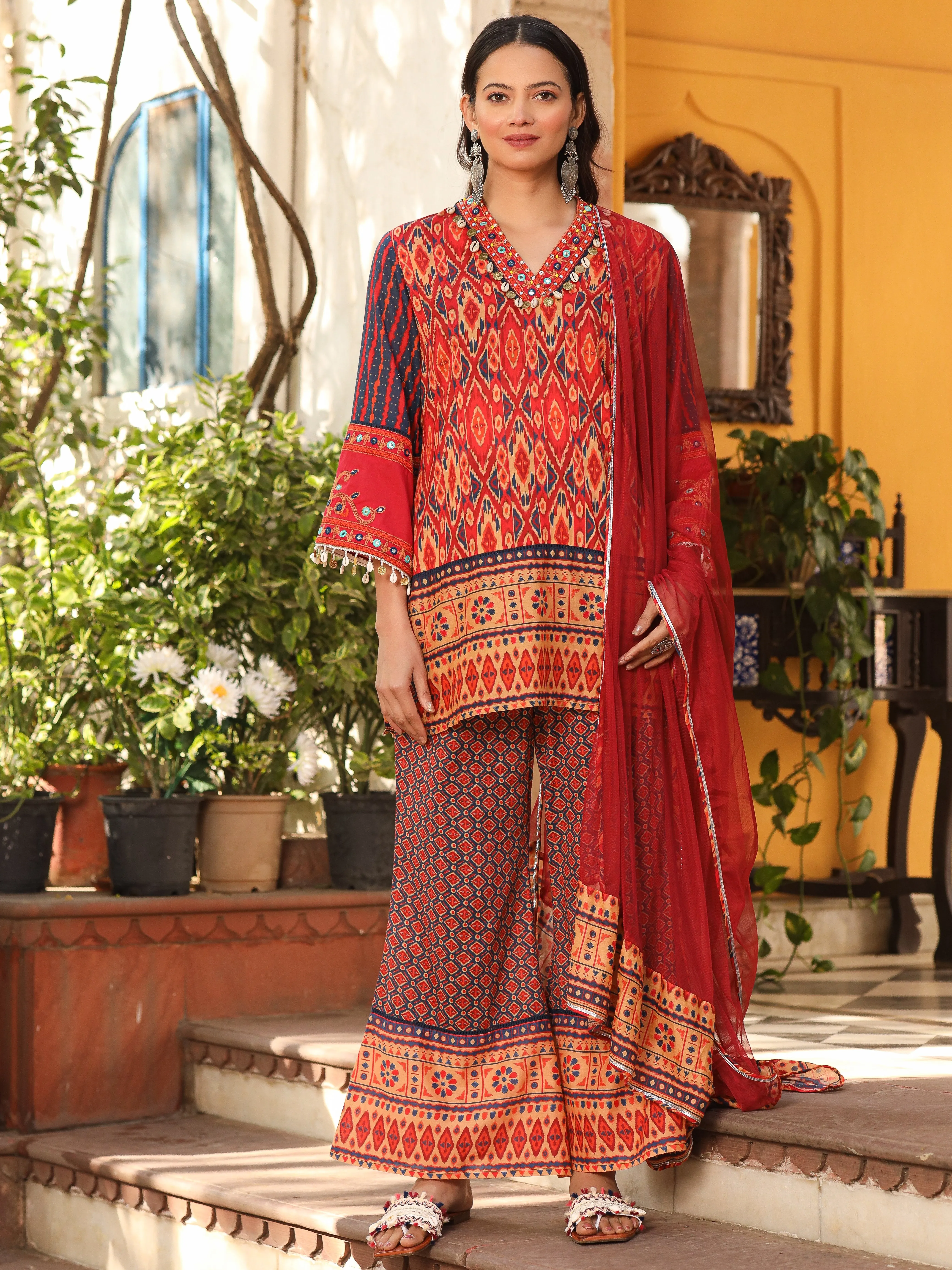 Jashvi Rust Ikat Printed Cotton Voile Kurta Bell Bottom & Dupatta Set  With Coins Kaudis & Mirror Work