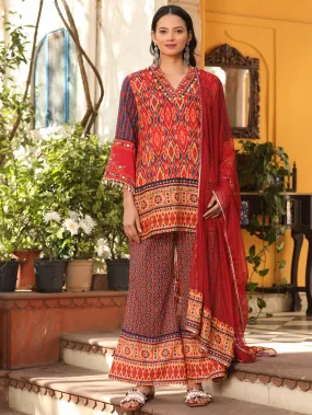 Jashvi Rust Ikat Printed Cotton Voile Kurta Bell Bottom & Dupatta Set  With Coins Kaudis & Mirror Work